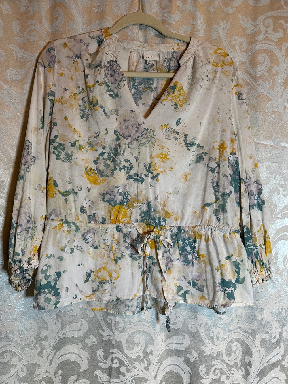 a new day Cream Floral Drawstring Peplum Blouse with Yellow & Green Accents